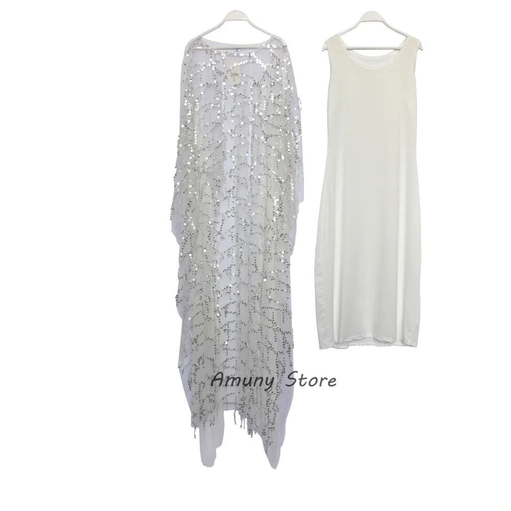 Solid Sequins Decoration Chiffon Fabric Loose Robe With Stretch Long Vest Dress