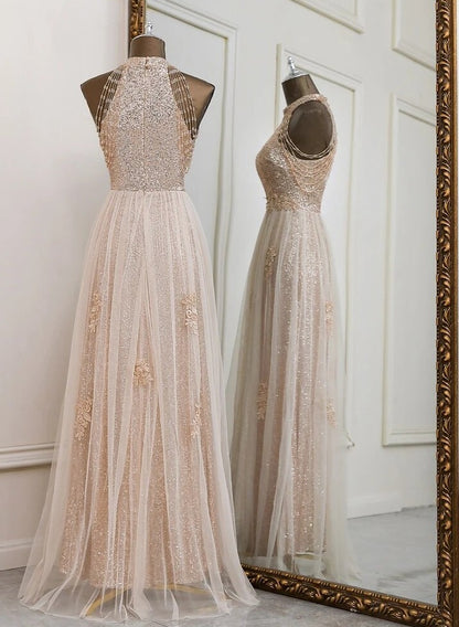 Elegant sequin A-line two layers styled evening dress