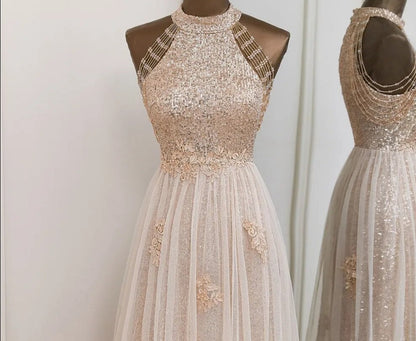 Elegant sequin A-line two layers styled evening dress