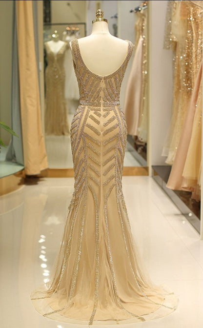 Mermaid V- Neck Gold Crystal Beading Formal robe de soiree