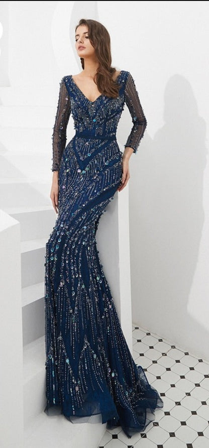 Long Sleeve Mermaid V Neck Lace Beaded Shiny Formal Gown