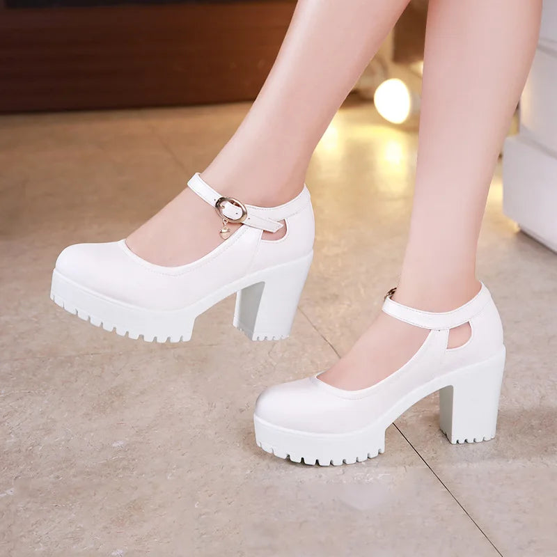 Elegant Square Heels Platform Leather Pump