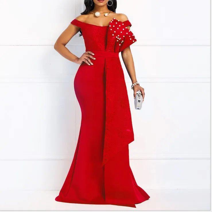 Sexy Off Shoulder Ruffle Pencil Long Beading Evening Dress