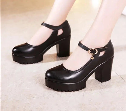 Elegant Square Heels Platform Leather Pump