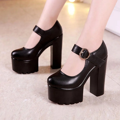 Block High Heels Office Leather Pumps