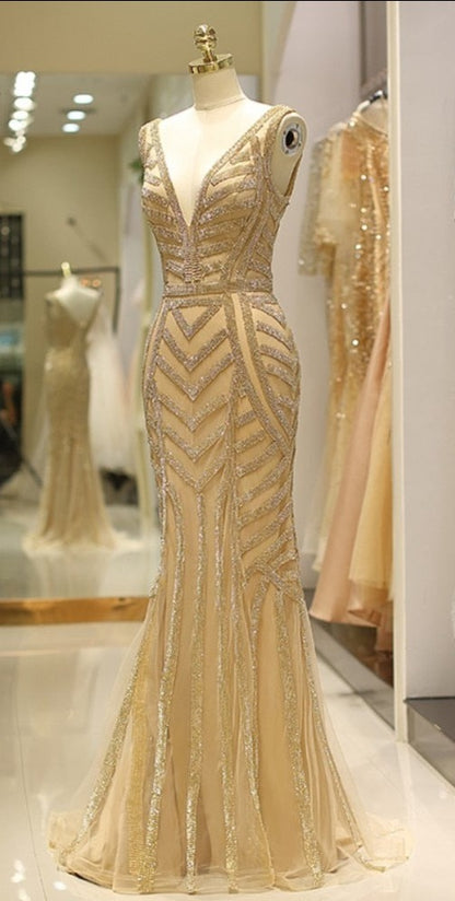 Mermaid V- Neck Gold Crystal Beading Formal robe de soiree