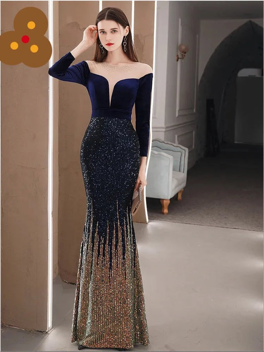 Elegant Velour Mermaid Sequins Evening Dress