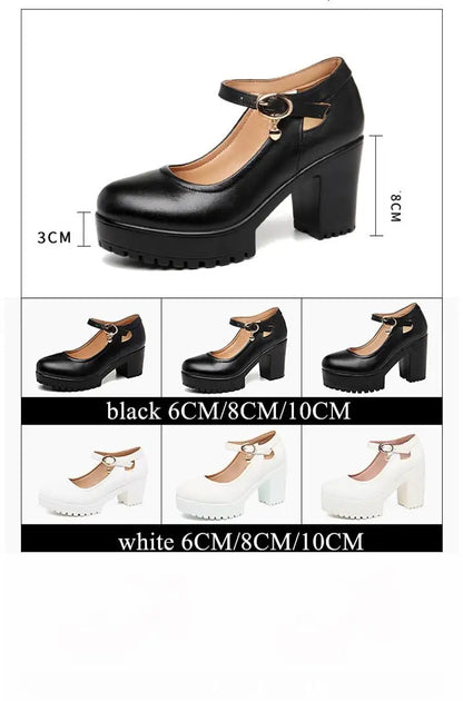 Elegant Square Heels Platform Leather Pump