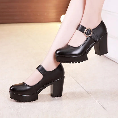 Block High Heels Office Leather Pumps