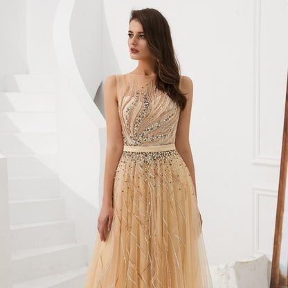 Sexy Gold Illusion Beaded Crystal Prom Dress