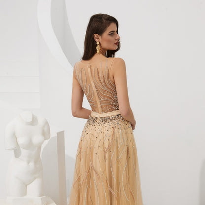 Sexy Gold Illusion Beaded Crystal Prom Dress