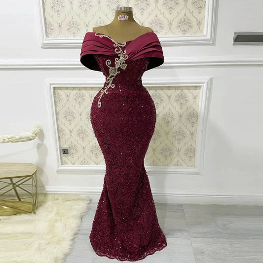 Lace Mermaid Off The Shoulder Beads Applique Plus Size Formal Gown