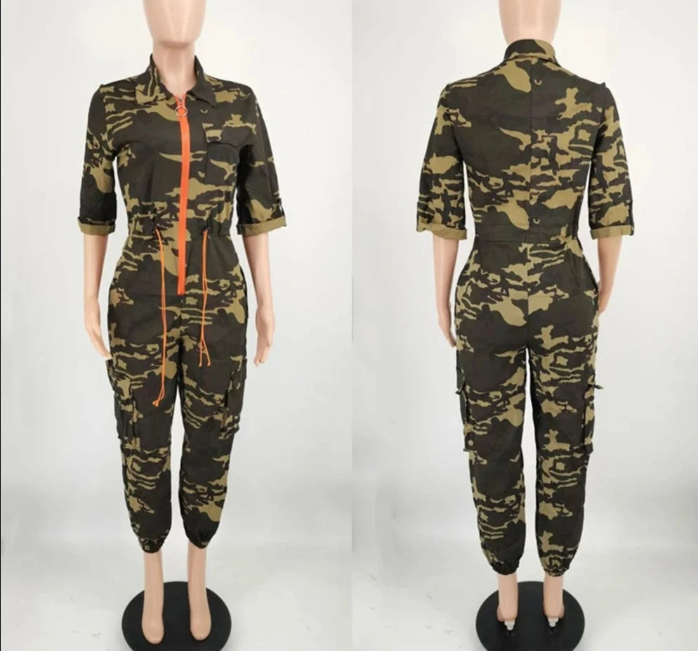 Plus Size S-5XL Camouflage Cargo Pants Pockets Zipper Outfit Romper