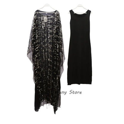 Solid Sequins Decoration Chiffon Fabric Loose Robe With Stretch Long Vest Dress