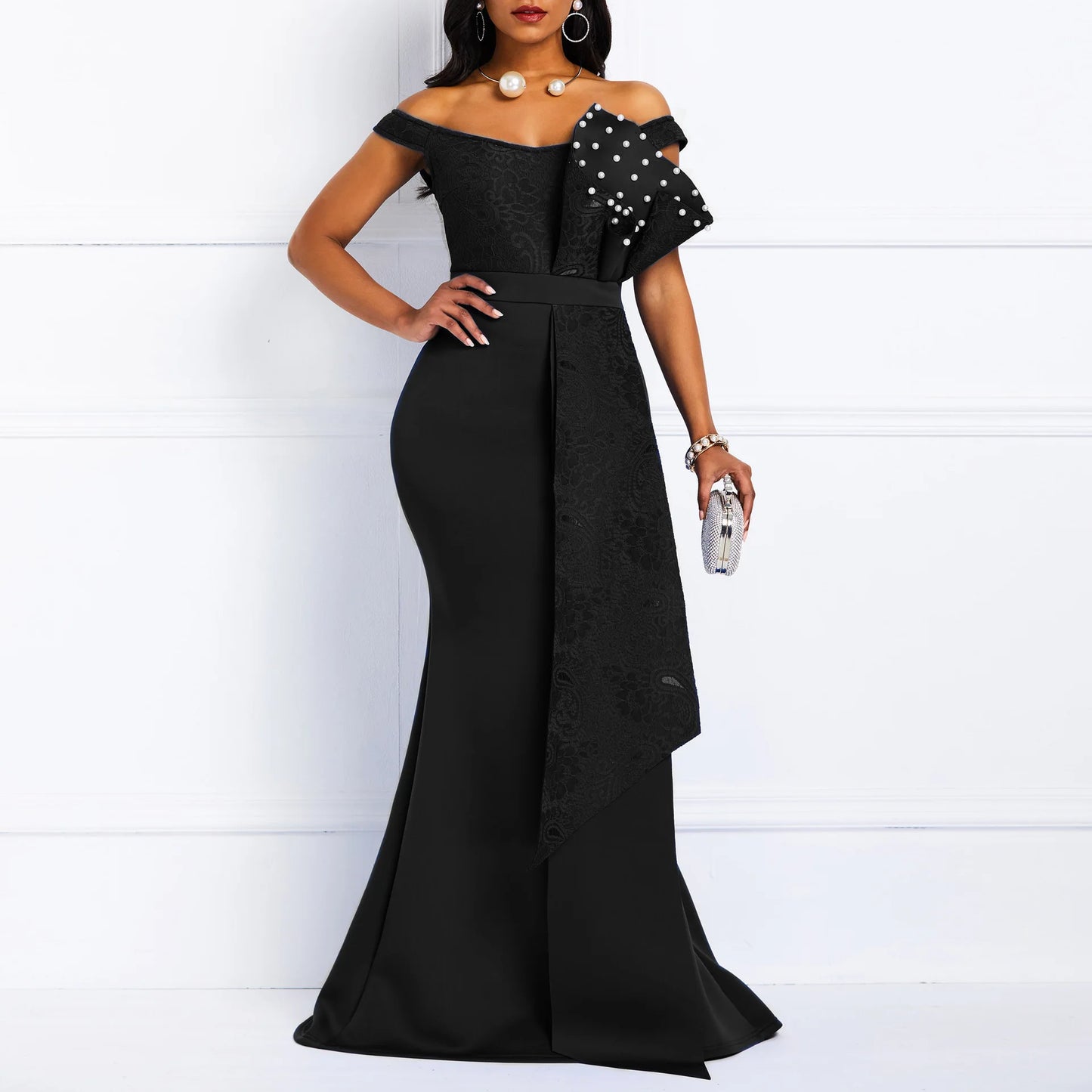 Sexy Off Shoulder Ruffle Pencil Long Beading Evening Dress