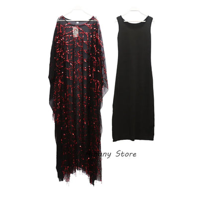 Solid Sequins Decoration Chiffon Fabric Loose Robe With Stretch Long Vest Dress