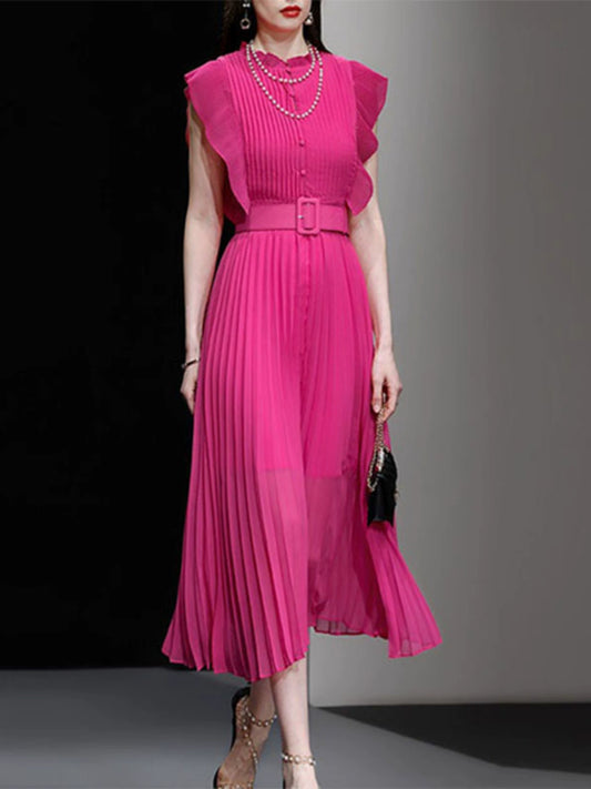 French Style Waisted Pink Slim Looking Chiffon Dress