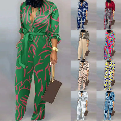 V-neck Printed Long Sleeved Fashionable Jumpsuit