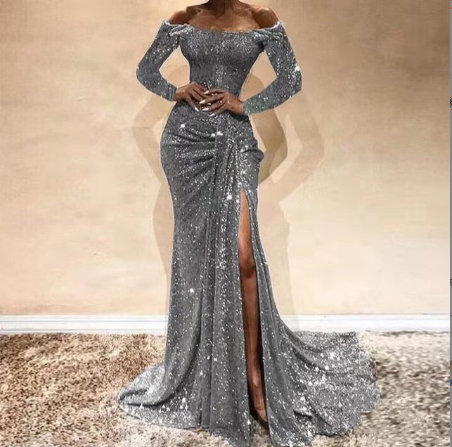 Elegant Off Shoulder Full Sleeve Long Sequin Dress