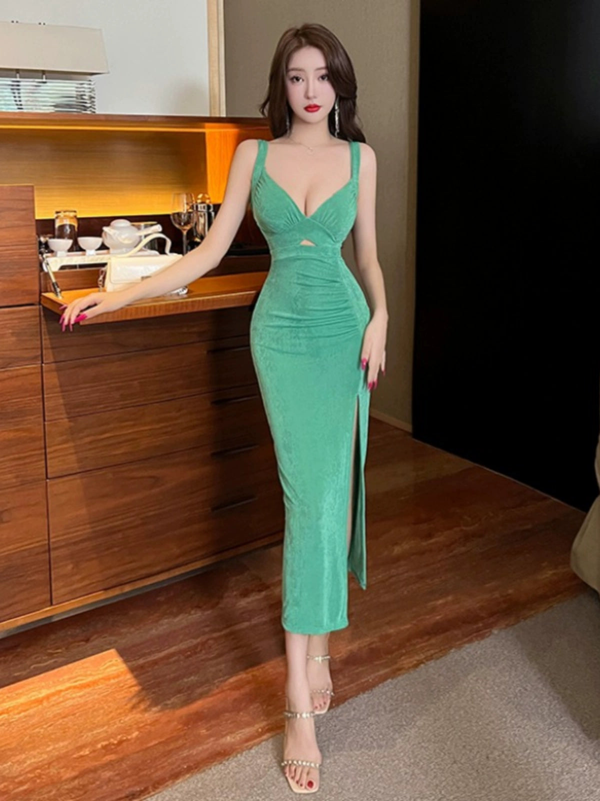 Sexy Socialite Elegant V-neck Low-Cut Slim Fit Long Dress