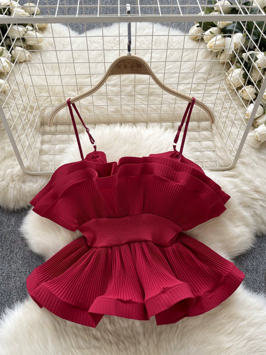 Niche Style Pleated Ruffles Waist Trimming Spaghetti Straps