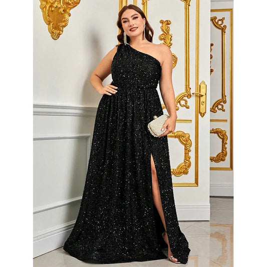 Plus Size One Shoulder Sequined Evening Gown