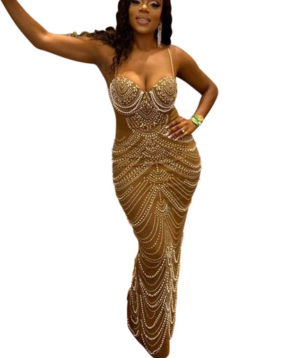 Luxury Sparkly Crystal Rhinestone Pearl Celebrities Gown