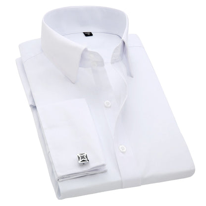 French Cuff Button Long Sleeve Slim Fit Dress Shirt for Men