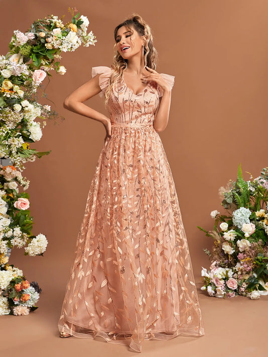 Ruffled sleeves lace mesh gorgeous evening dress