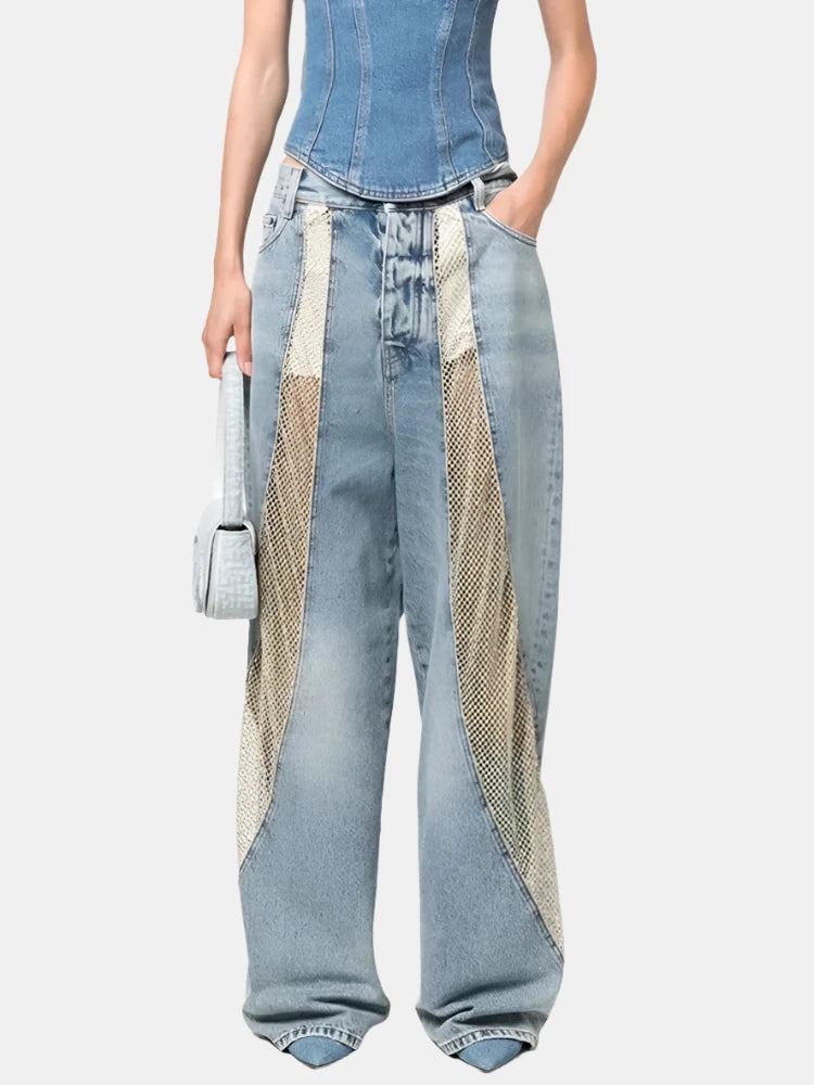 Hollow Out Perspective Grid Laser Nail Drill Pockets Wide Leg Pants