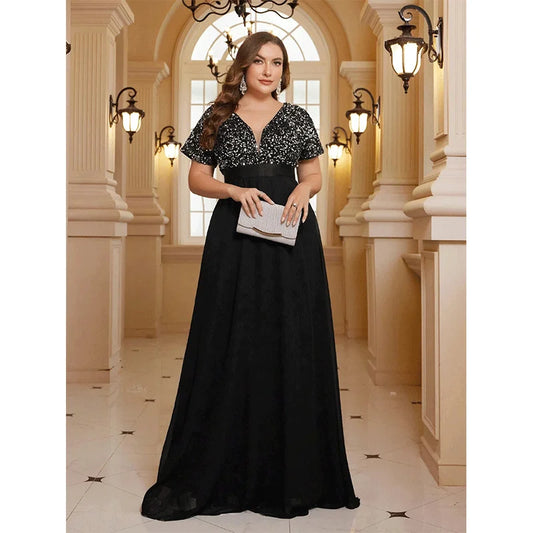 Plus Size V-neck Silver and Black Chiffon Long Dress