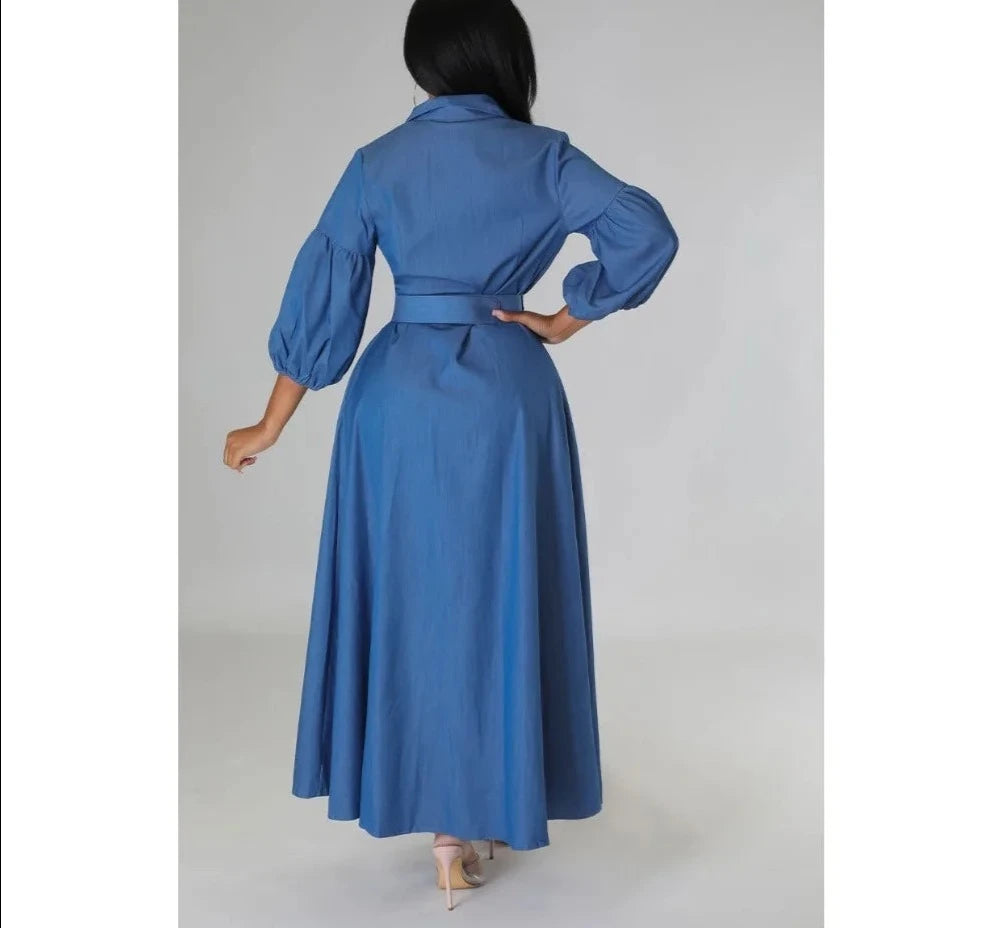 Belt A-line Turndown Collar Button Long Sleeve Mid Dress