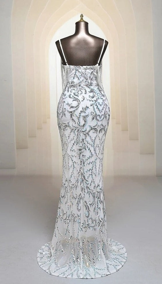 Sexy shoulder beading silver Mermaid Evening dress