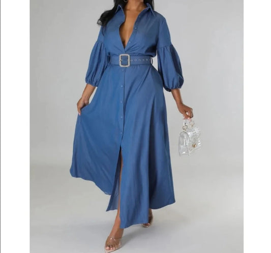 Belt A-line Turndown Collar Button Long Sleeve Mid Dress