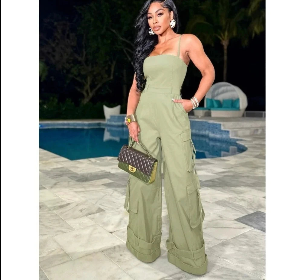 Fashion Solid Large Pocket Wide Leg Thin Strap Sleeveless Backless Cargo Jumpsuit