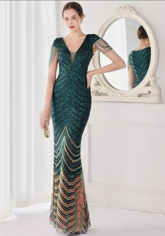 Elegant V Neck Mermaid Evening Luxury Dress