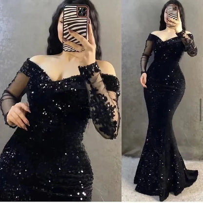 Glitter Sequins Lace Appliques Mermaid Off The Shoulder Long Sleeves Formal Gown