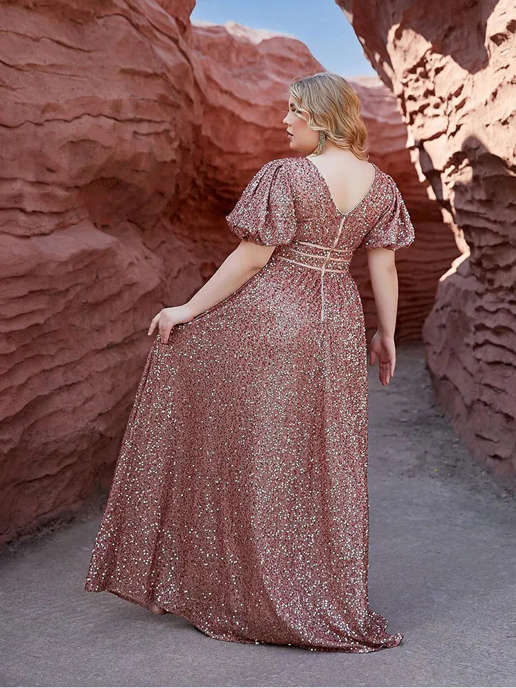 Plus Size V-Neck Short Sleeve Sequin Floor-Length Evening Dress