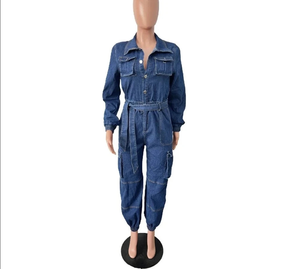 Denim Pockets Cargo Jumpsuits