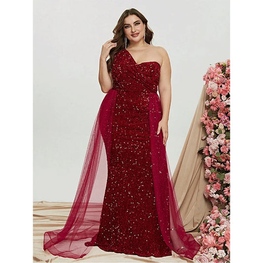 Plus Size, One Shoulder Velvet Sequin Glitter Evening Gown.