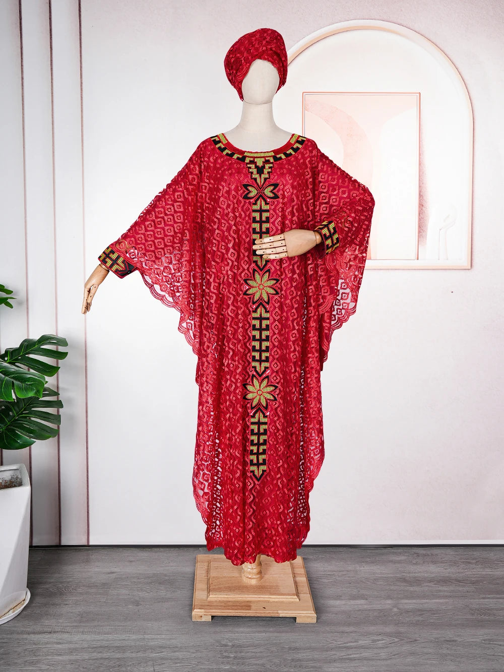 Muslim Fashion Lace Boubou Traditional Africa Clothe with Head tie