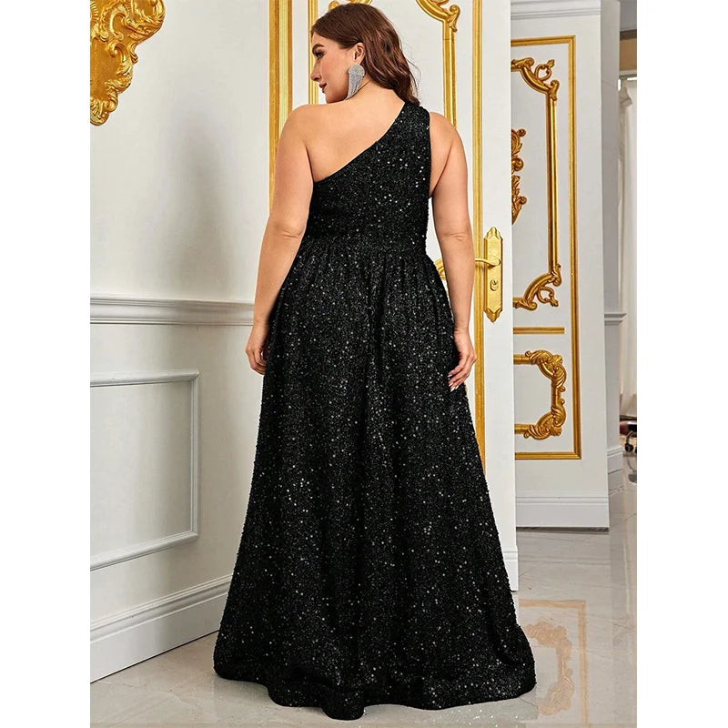 Plus Size One Shoulder Sequined Evening Gown