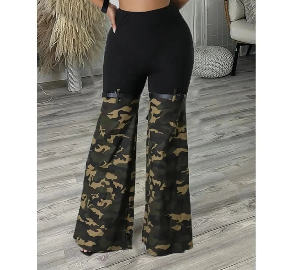 Fashion Camouflage Printing Denim Flared Pants Two Piece Set