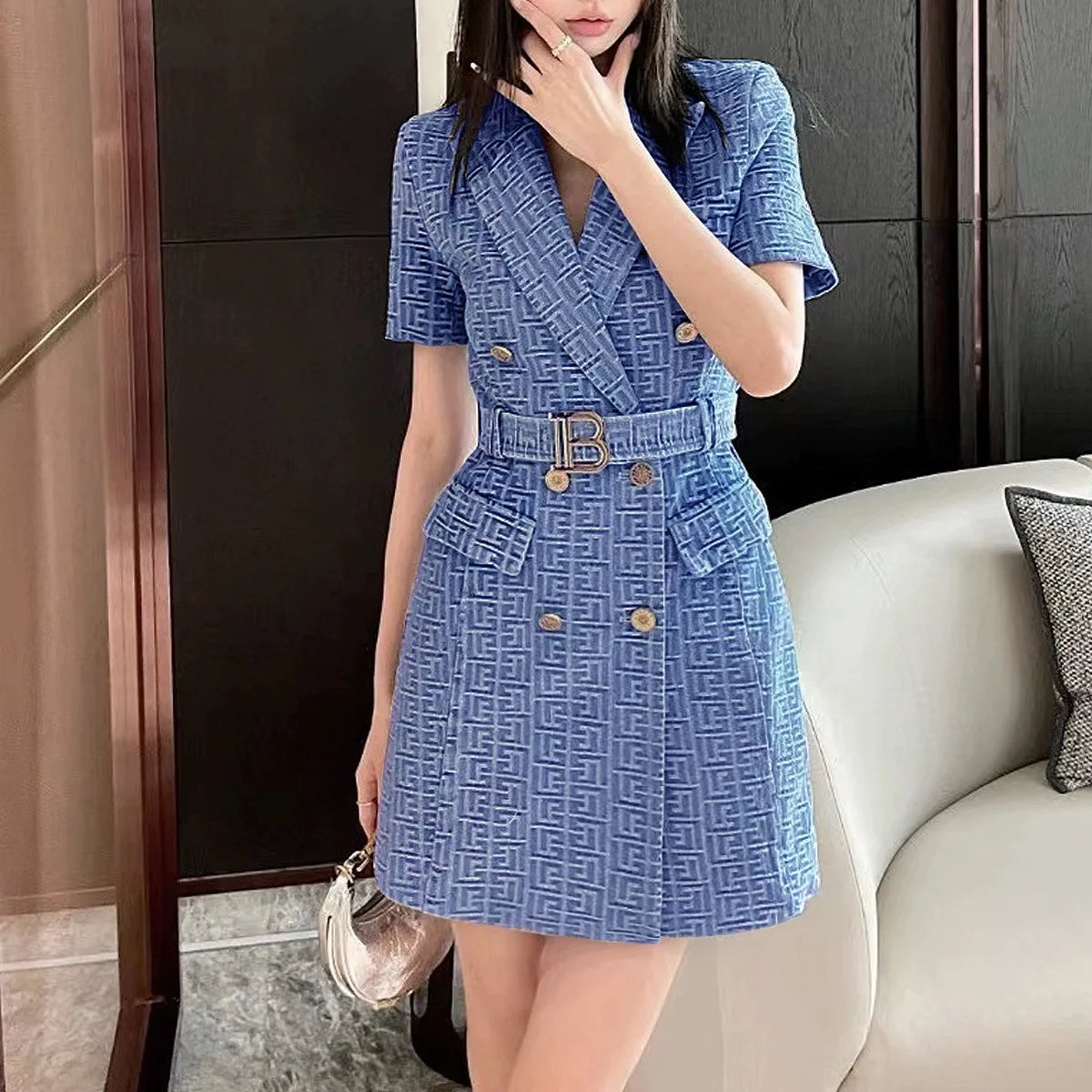 Short Sleeve Notched Retro Geometrical Pattern Blazer Slim Dress with Belt