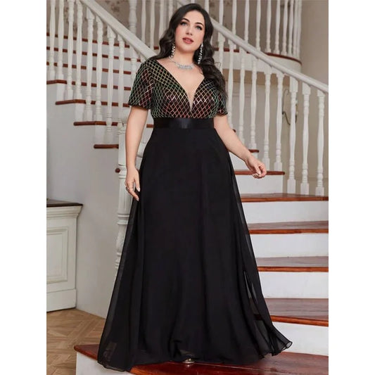 Plus Size V Neck Rhombus Sequin Luxury Chiffon Dress