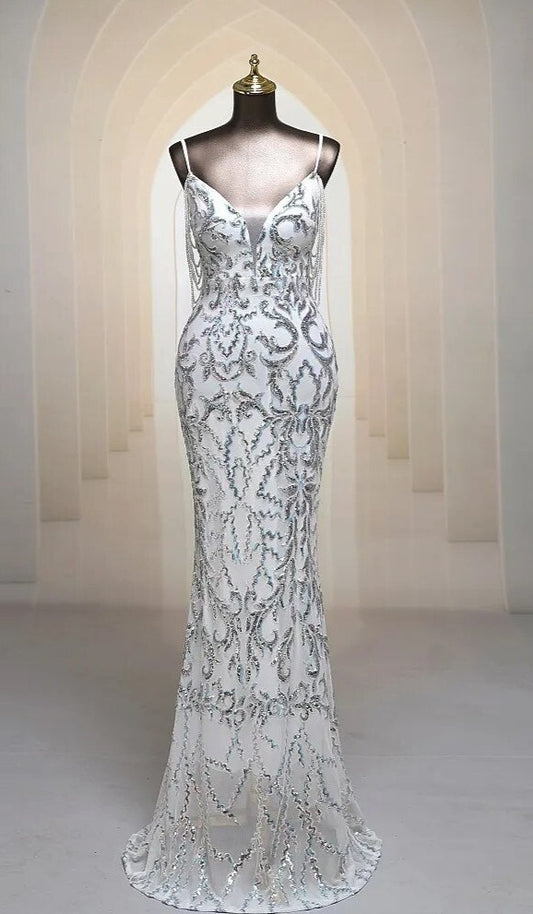 Sexy shoulder beading silver Mermaid Evening dress