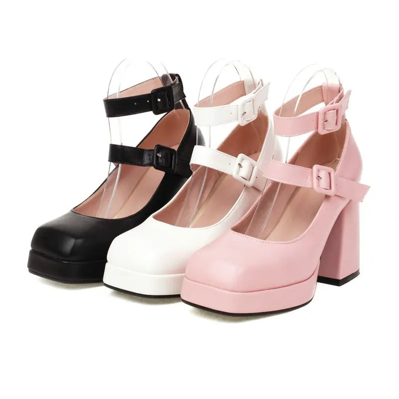 PU and Velvet Square Toe Double Buckle Strap Platform Mary Janes Stiletto Chunky High Heels