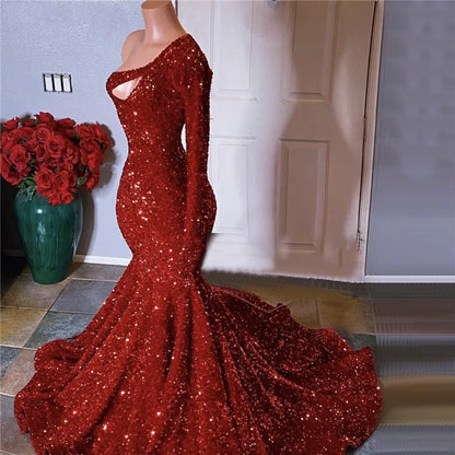 Mermaid Velvet Sparkly Glitter Sequin One Shoulder Formal Gown