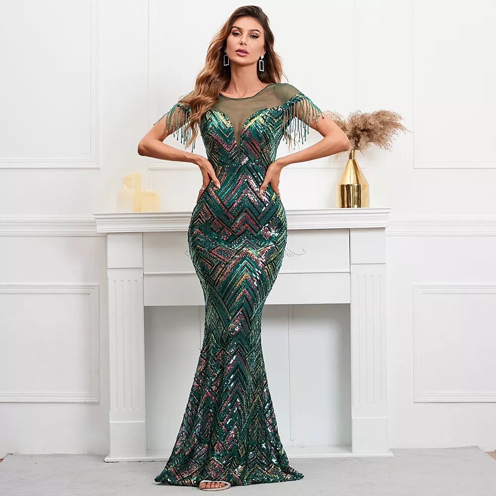 illusion Mesh Sequin Evening Dress