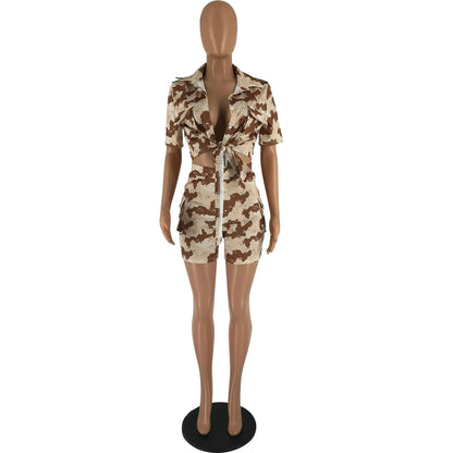 Camouflage Short Sleeve Bandage Crop Top + Short Tracksuit